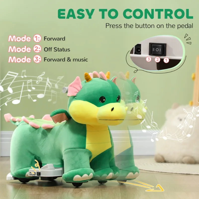 6V Kids Ride on Horse,Triceratops Shaped Electric Animal Car with Music Forward,PU Wheels,for Girls Boys Aged 18-36 Months,Green