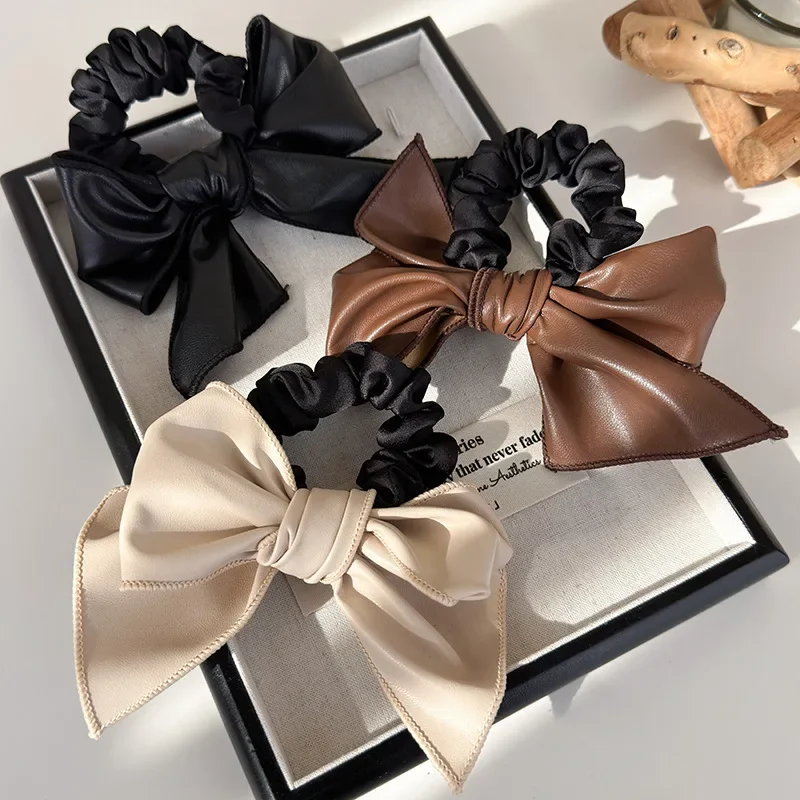 Leather Bow Elastic Hair Bands Fashion Hair Accessories Elastic Headband Scrunchies Ponytail Holder Rubber Bands Hair Rope Ties