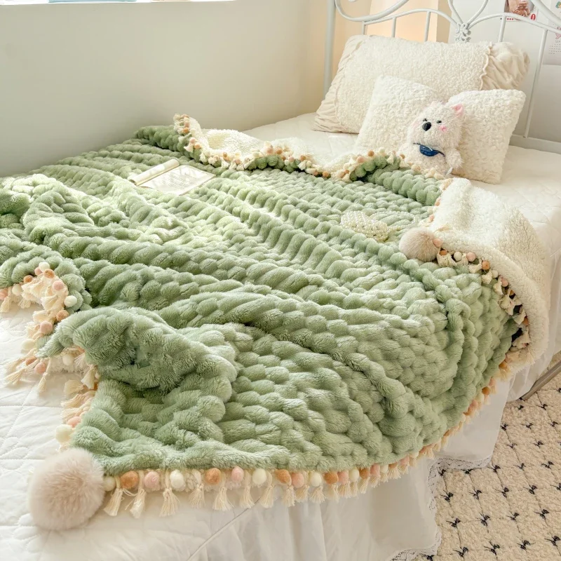 New Stylish Milk Fleece Tassel Blanket Fall Winter Thickened Warm 2-sided Fleece Blankets Soft Skin-friendly Comfortable Blanket