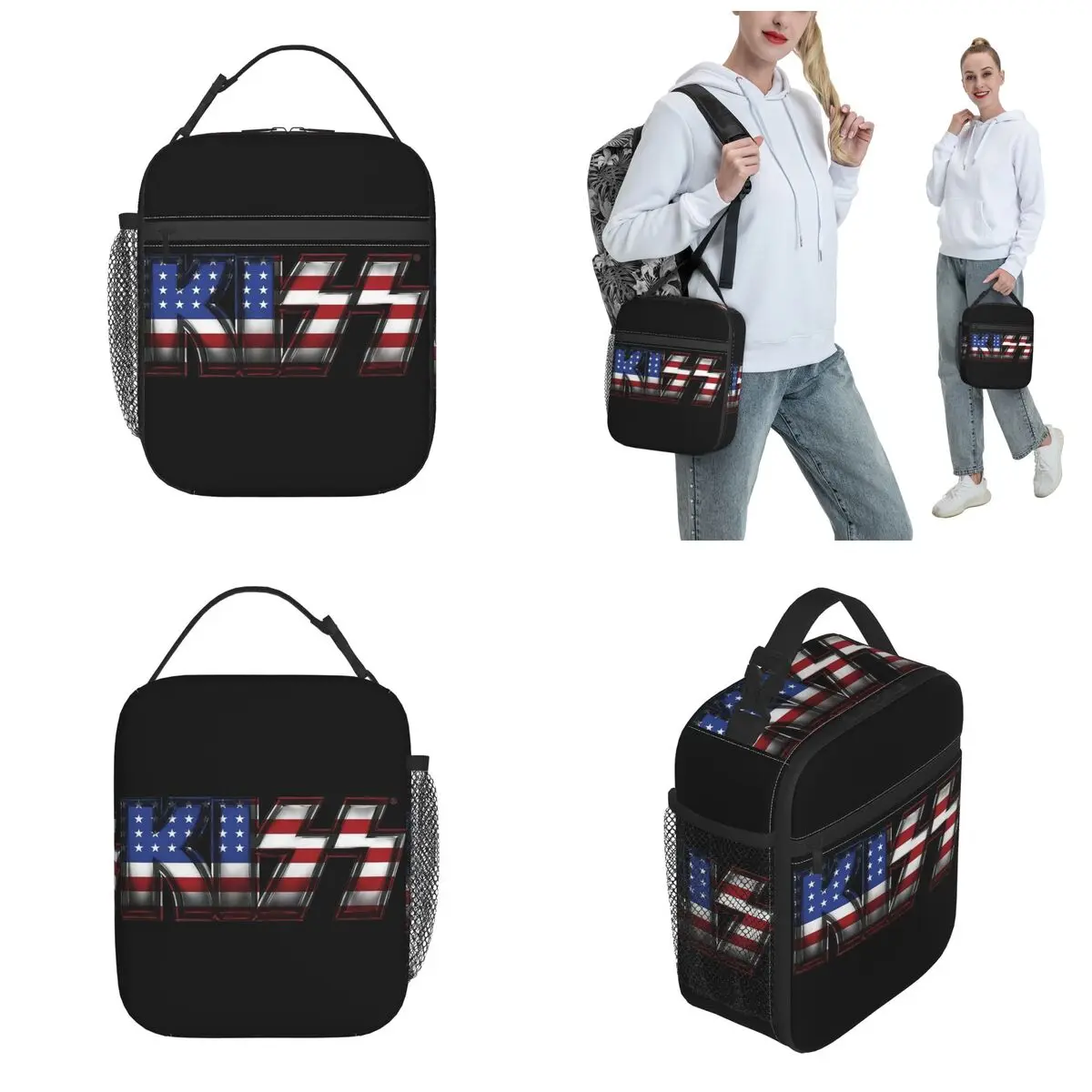 Insulated Lunch Bags KISS Rock Music Band Metal USA Flag Merch Storage Food Box Ins Style Cooler Thermal Lunch Box For Travel