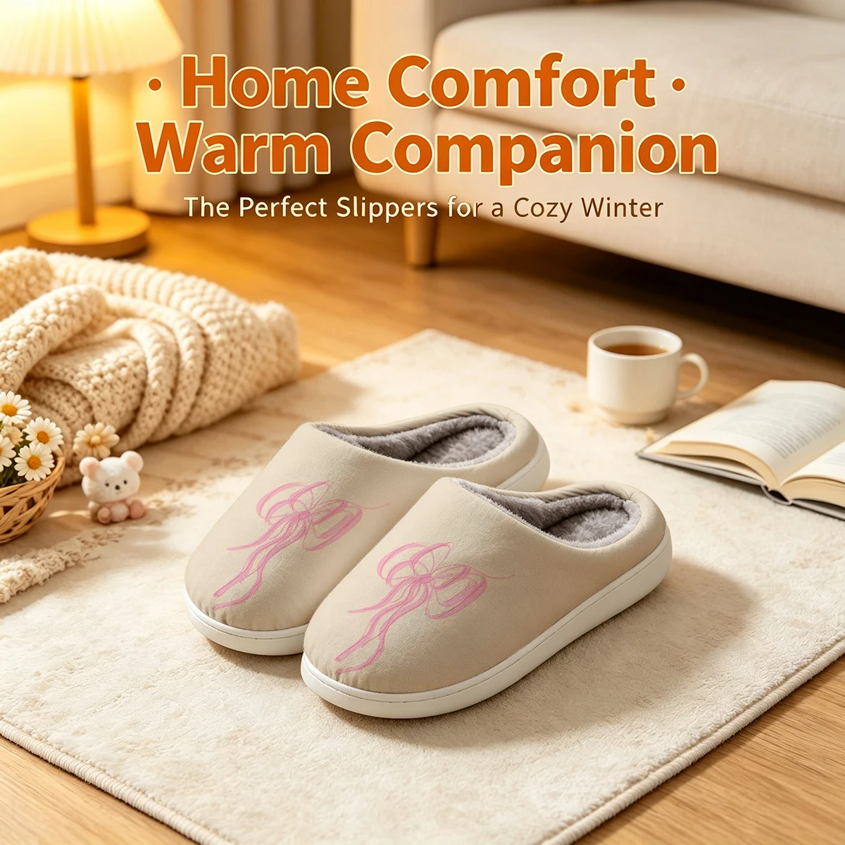 Pink Ribbon Twist Christmas White Slippers Warm Plush Indoor Shoes Non-Slip Winter Slippers Family Holiday Gifts Soft view 3