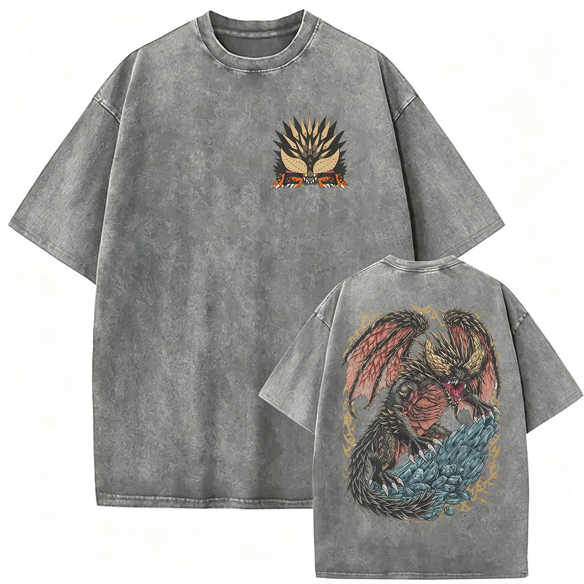 Vintage-gewaschene Monster Hunter Grafik-T-Shirts Nergigante Der Ausgestorbene Drache T-Shirt für Spielfans Herrenbekleidung Oversized Tees – Detail 4
