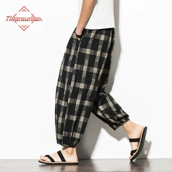 Japanese Streetwear Plaid Pants Men Joggers 2023 Cotton Linen Casual Loose Harem Pants Male Korean Casual Ankle Length Pants