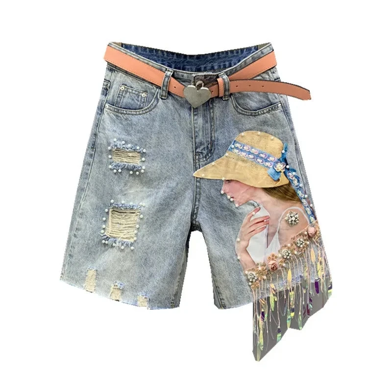 Fashion Beading Hole Denim Shorts Women Summer Pearl Tassels Diamond Decoration Straight Short Jeans Loose Wide Leg Shorts