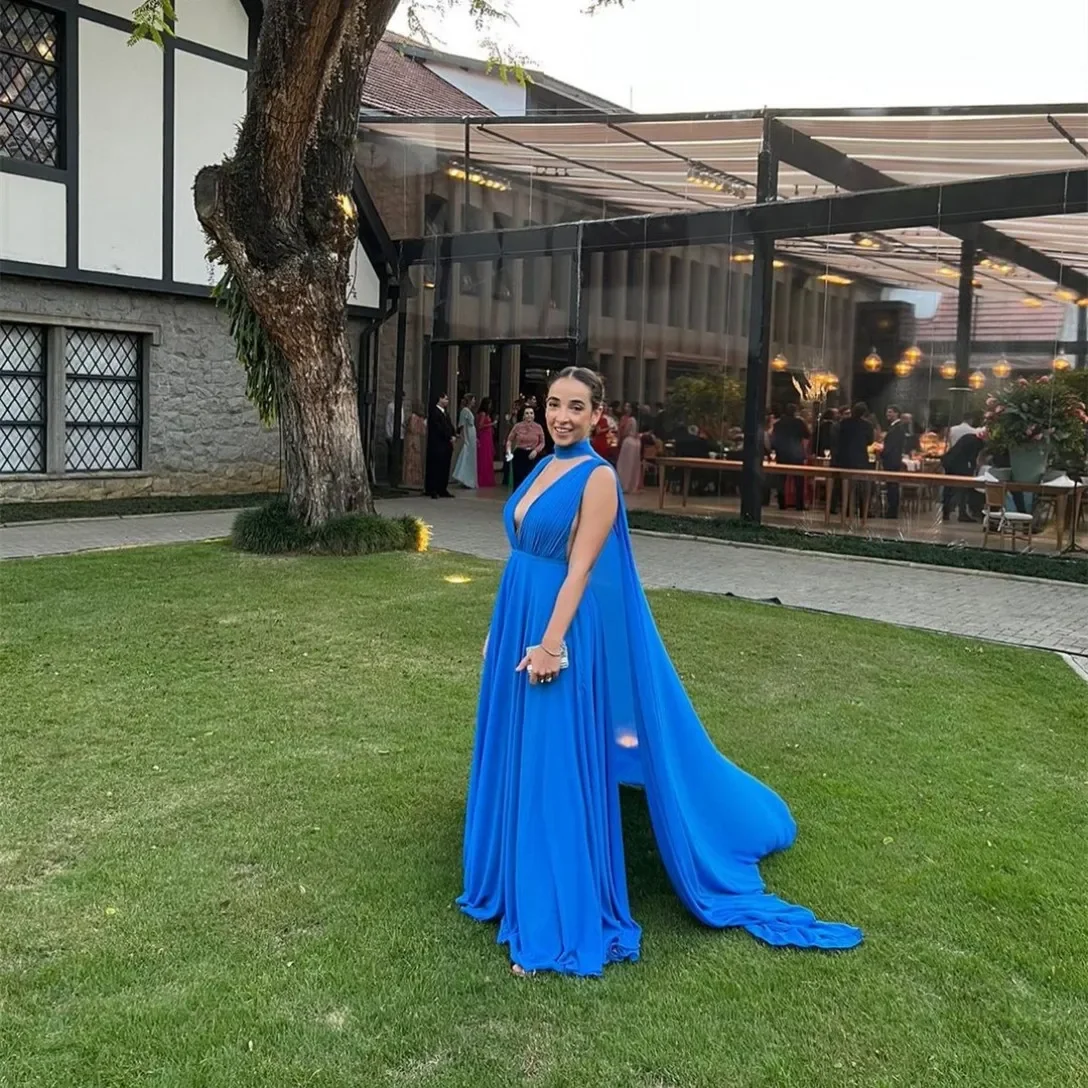 

Customized Elegant Long Deep V-Neck Royal Blue Prom Dresses With Ribbon A-Line Chiffon Pleated Floor Length Evening Dresses For