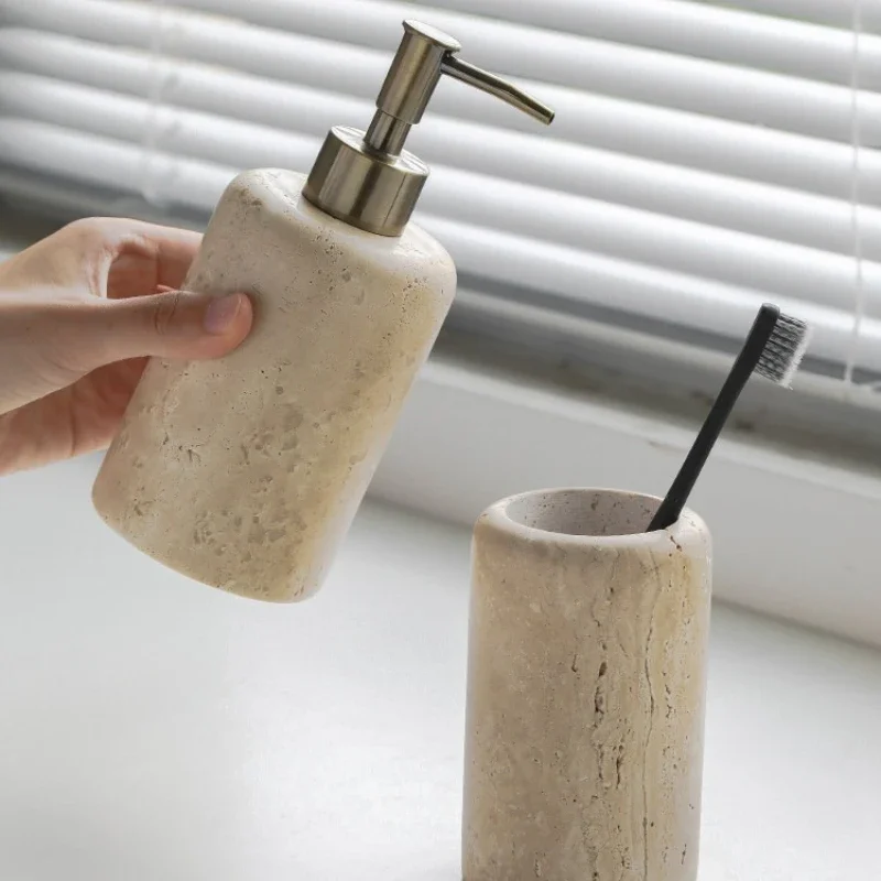 Nordic Bathroom Accessory Set Soap Dispenser Toothbrush Holder Tray Rustproof Stone Vanity Organizer for Farmhouse Sink