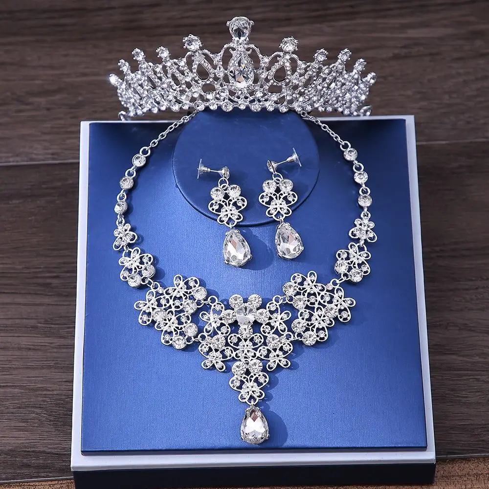 

Korean Style Fashion Rhinestone Wedding Bridal Jewelry Set Elegant Women Tiara Crown Dangle Earring Necklace Set