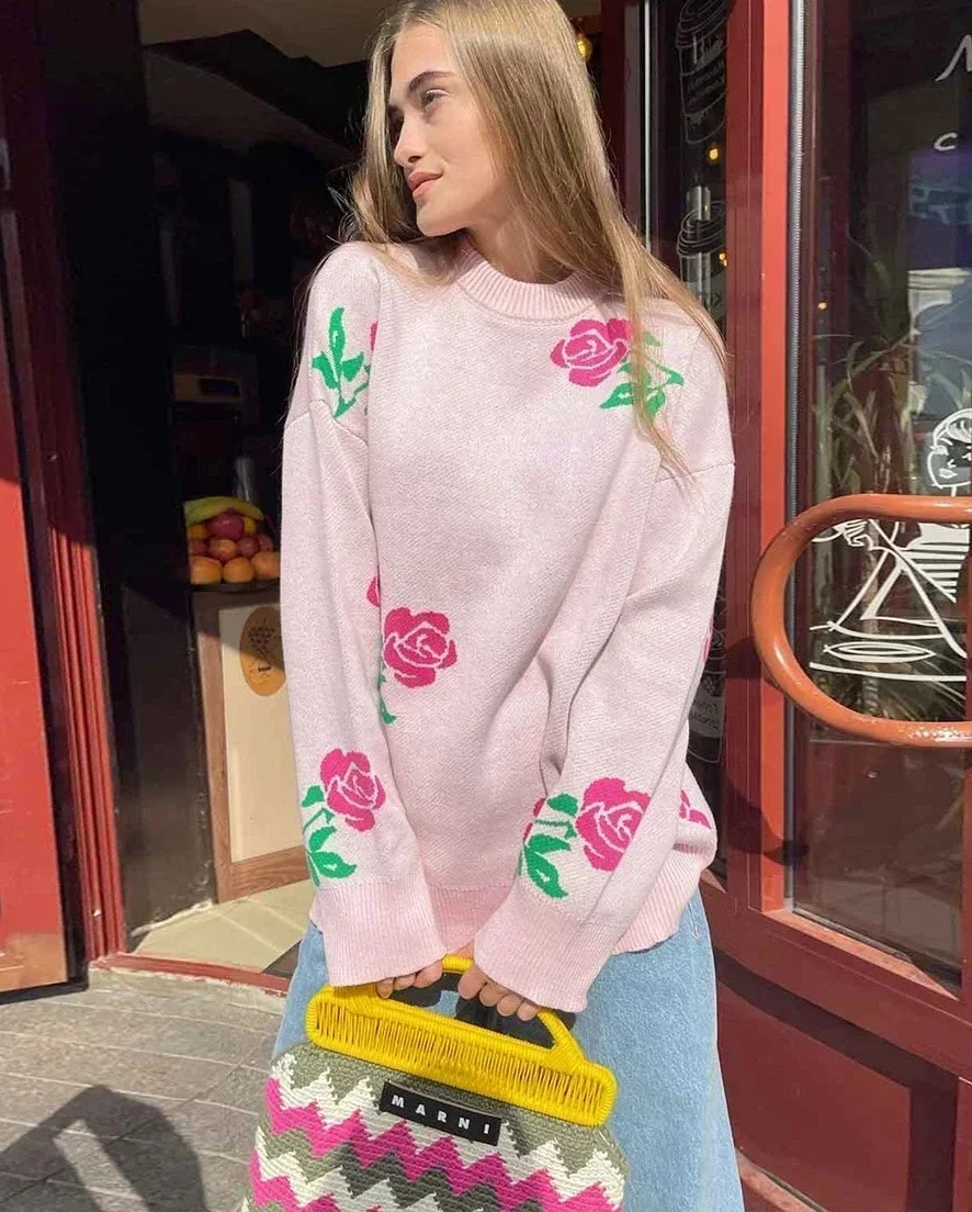 

Женский модный свитер с цветочным принтом, повседневные свободные вязаные джемперы, зимний толстый теплый пуловер большого размера