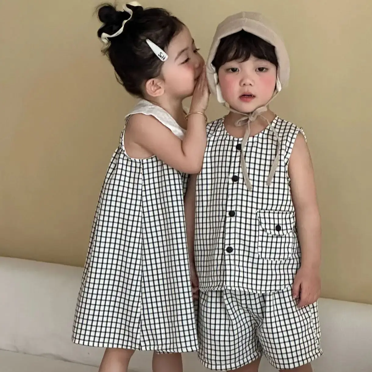 

2026 Summer Kids Sleeveless Sets 1-10Y Boys 2Pcs Clothes Sets Baby Girls Vest Dress Children Brother Sister Outfits