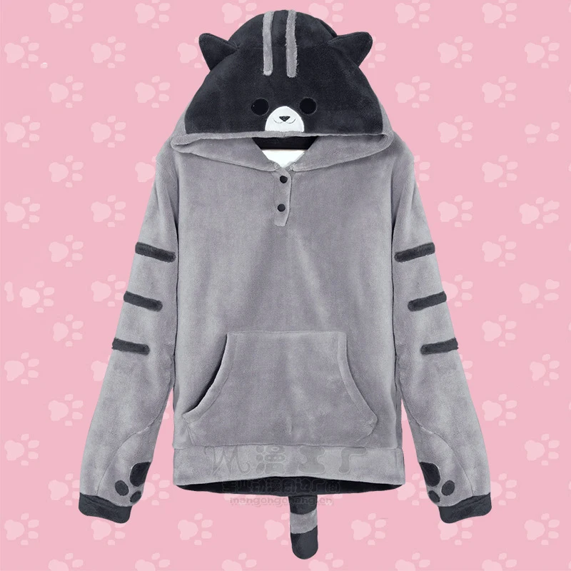 Hot Sale 2024 Kawaii Cosplay Costume Cute Cat Thicken Tops Hoodies Flannel Gray Hooded Sweatershirts Winter Coat Jacket