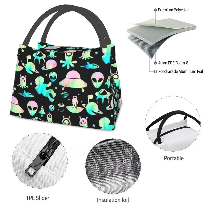 Pastel Space Alien Insulated Lunch Bags for Women Waterproof Sci Fi UFO Thermal Cooler Lunch Tote Office Picnic Travel