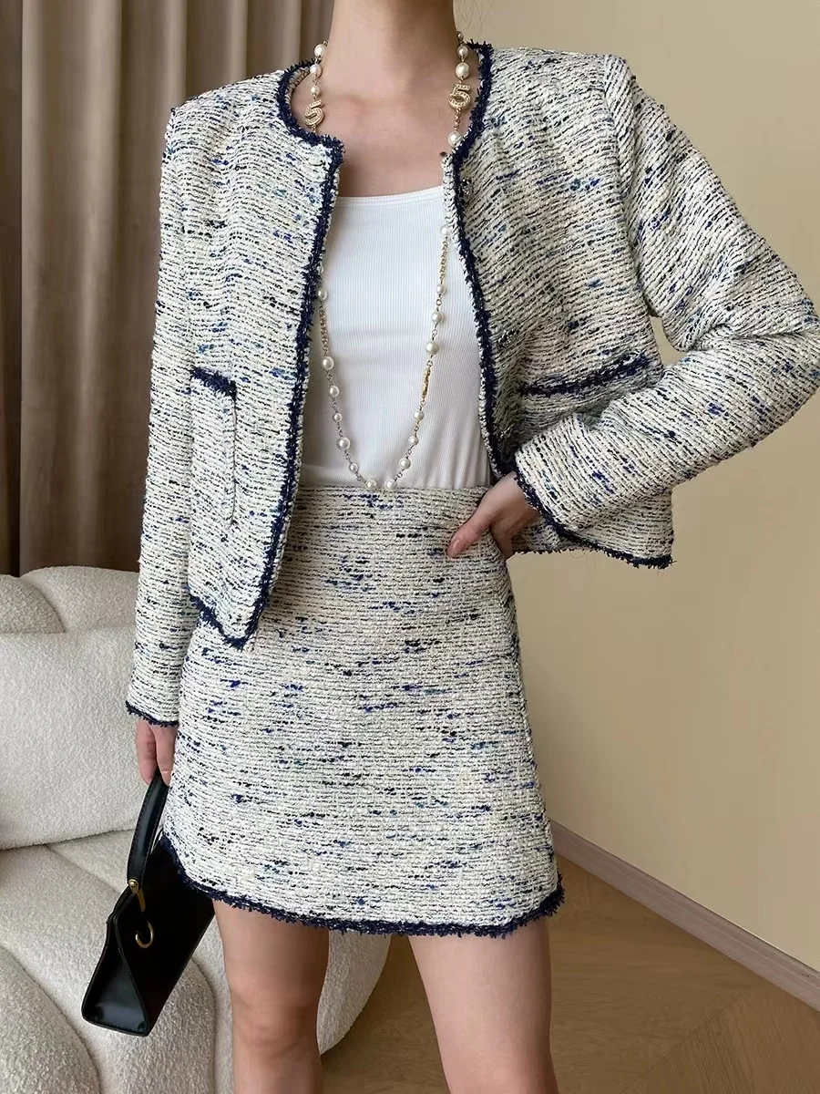 

Early Autumn Round Neck Long Sleeved Tweed Jacket+Half Length Short Skirt Two Piece Set Versatile And Fashionable Outfits