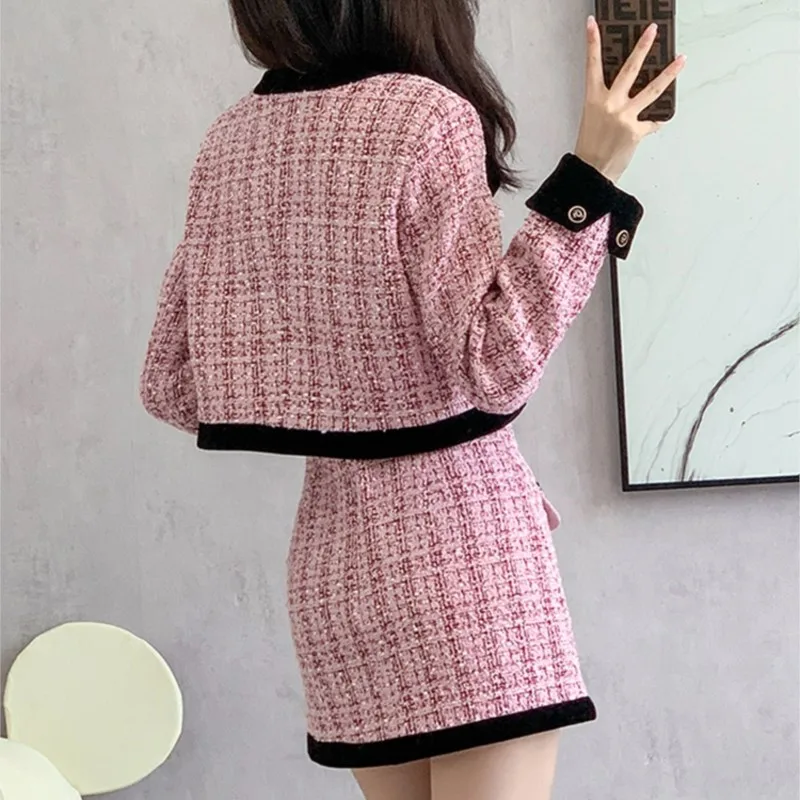 2024 Autumn Winter Tweed Two-Piece Skirt Set Women Short Jacket Coat + Mini Skirt Suits Elegant Korean Fashion Female Outfits