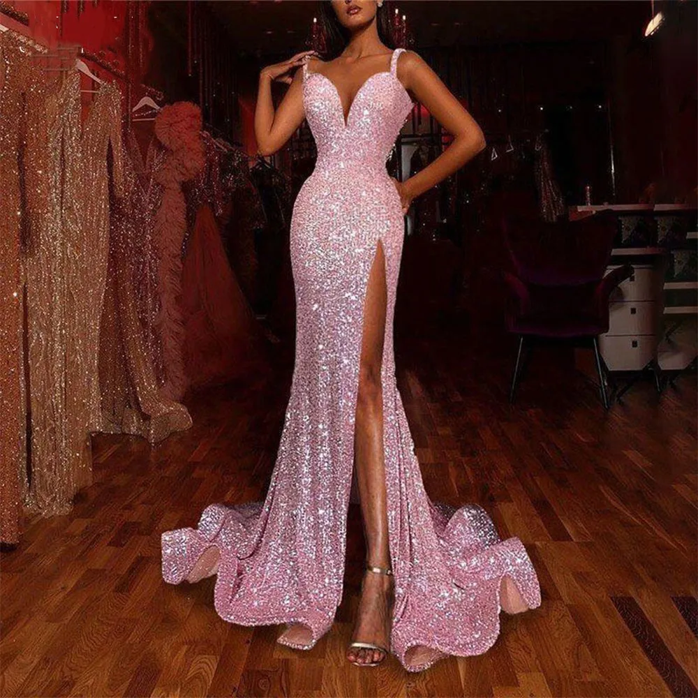 

Glitter Sequins Mermaid Evening Dresses Sweetheart Arabic High Split Slit Formal Prom Party Gowns Wear Pageant Robes De Soirée