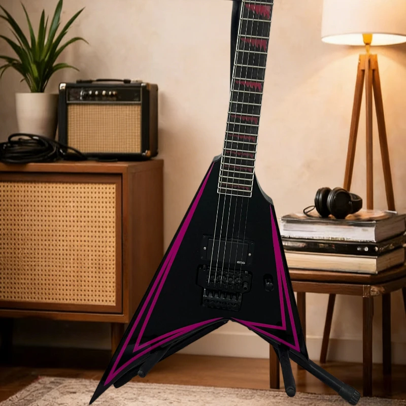 Black Background Red Stripe V-shaped Electric Guitar Double Rocking Solid Wood Piano Body 22 Items Best Sellers Free Shipping