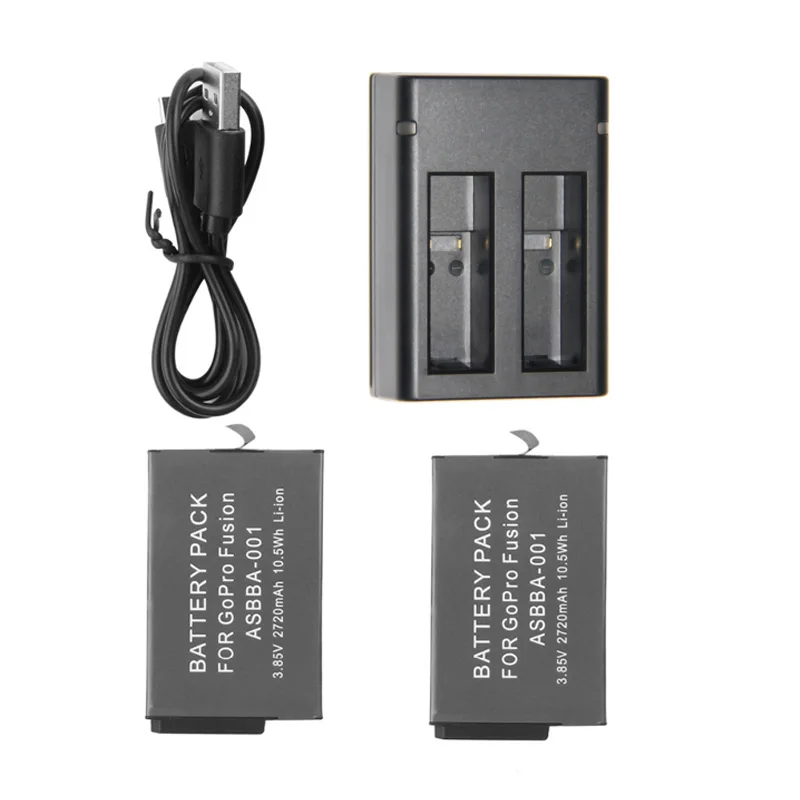 2pcs Go Pro Fusion 2720mAh  Battery + Dual Charger For Waterproof GoPro 360 Degree Panorama video camera accessory