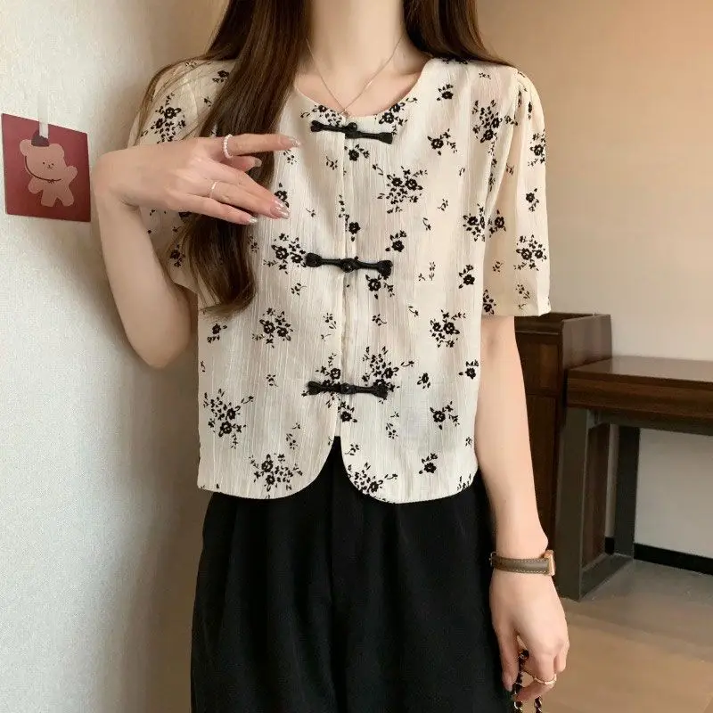 Women Summer Simplicity Loose Elegant Printing O-neck Chiffon Shirts Women Clothes Casual Temperament All-match Appear Thin Tops