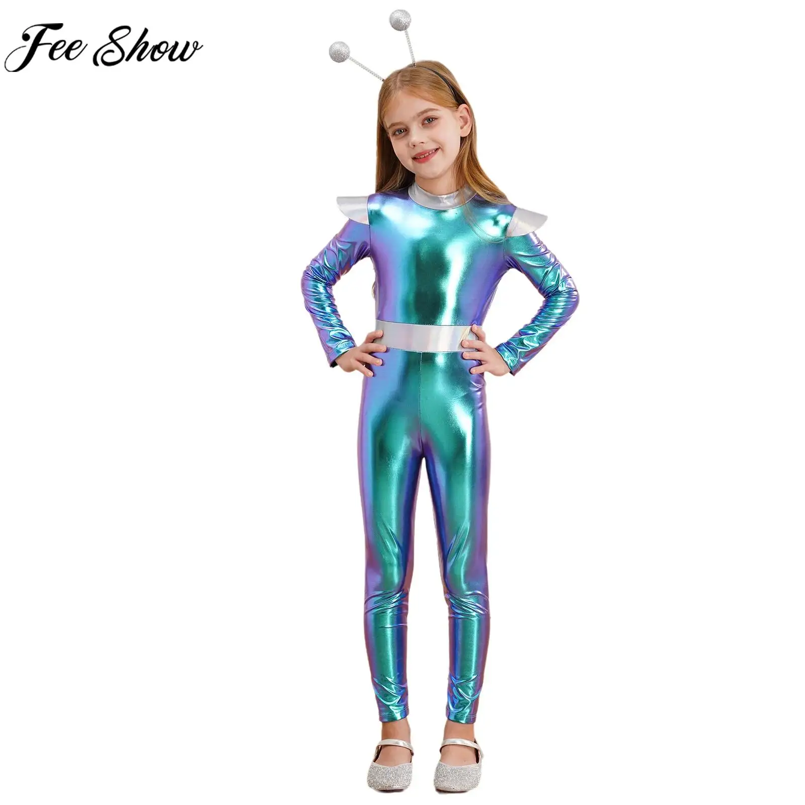 

Детский карнавальный костюм инопланетянина на Хэллоуин: блестящий металлический комбинезон с ободком для волос для космонавта, робота, астронавта