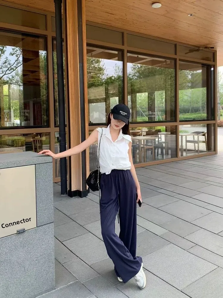 

Comfortable Drawstring Wide Leg Pants Floor-Length Drapey Loose Fit Casual Cotton Blend Elastic Waist Summer Fashion