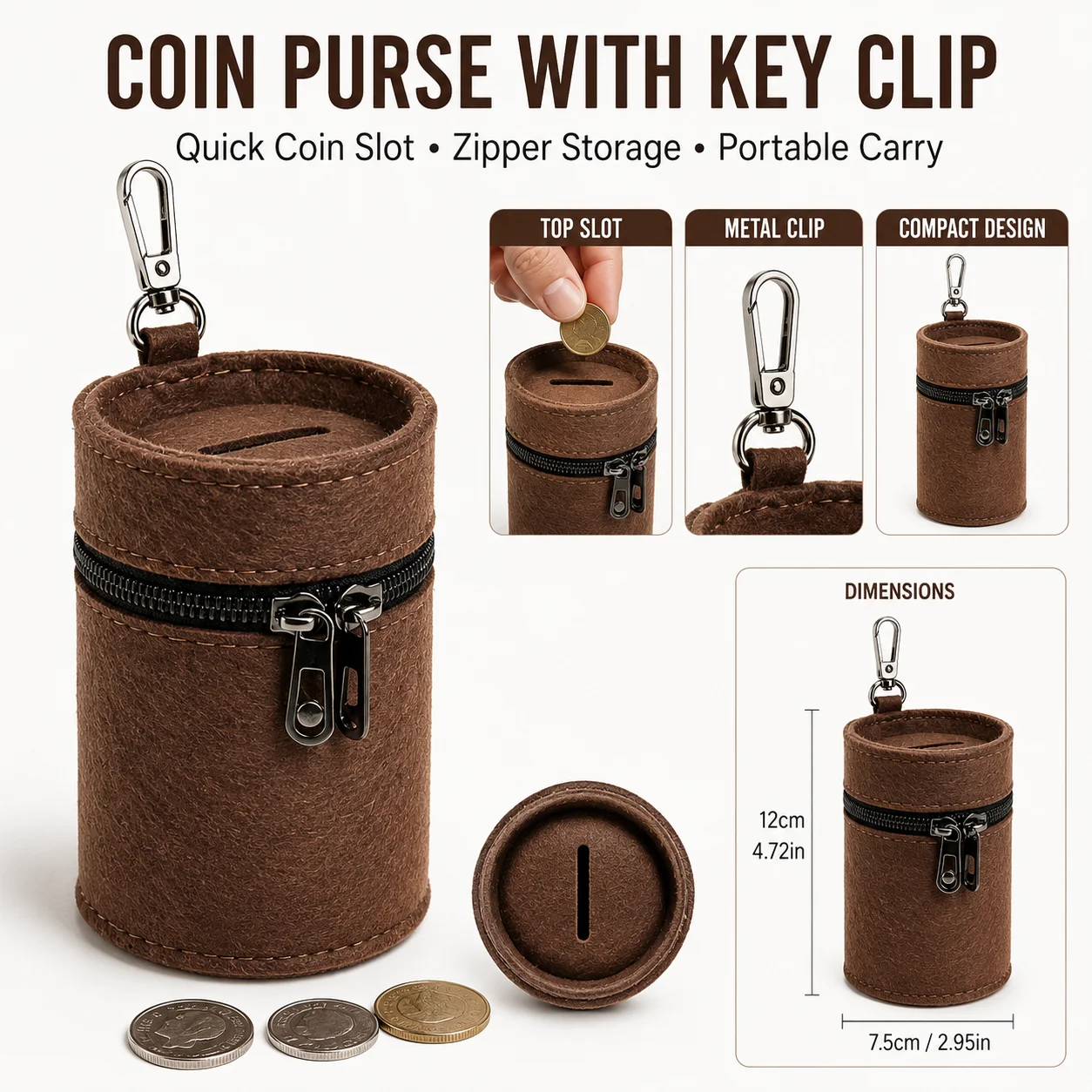 Cylindrical Felt Coin Purse With Key Clip Zipper Change Pouch Top Coin Slot Portable Mini Money Storage Bag For Coins Keys Earbu