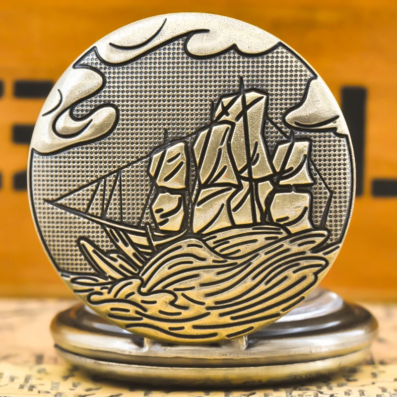 Vintage Bronze Steampunk Stick Figure Sail Carved Quartz Pocket Watch Necklace Pendant Clock Chain Men Women Chain Gift