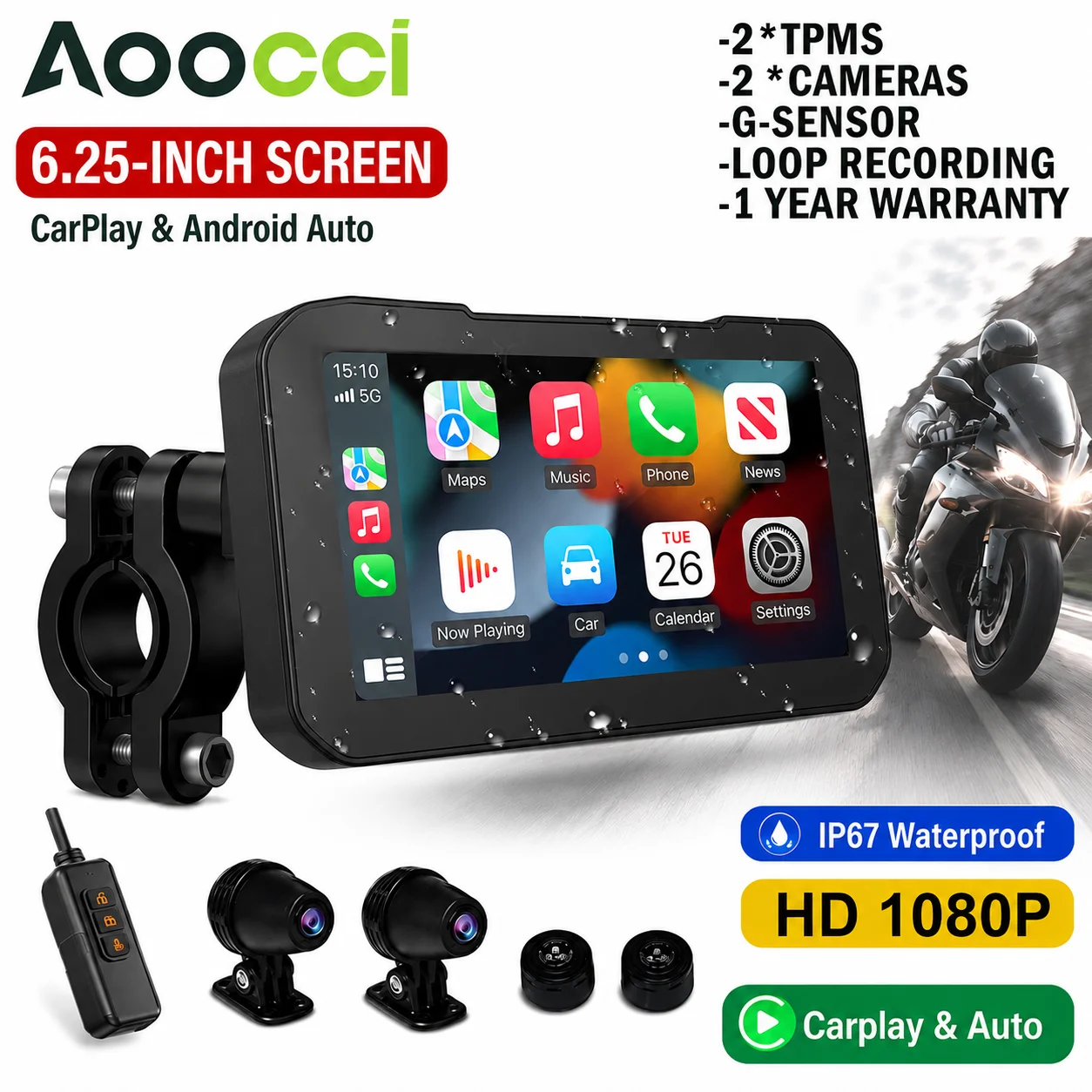 Aoocci 6.25in Motorcycle CarPlay Wireless CarPlay&Android Auto 1080P Smart Control Dual Bluetooth GPS Navigation for Motorbike