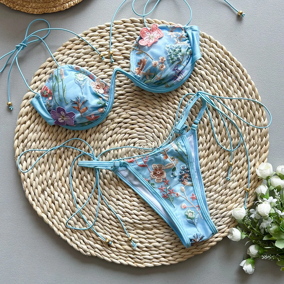 Embroidery 2 Piece Swimsuit Set Mini Underwired Bra Bikini Inspired Women's Swimwear Beachwear Bathing Suit Vacay Outfit Biquini