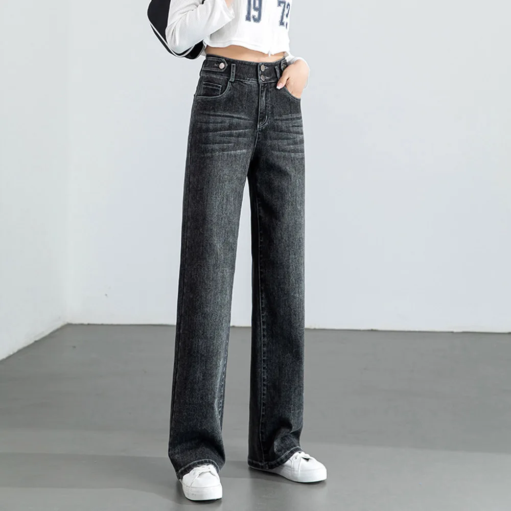 

2025 Spring New Women Straight Cotton Soft Denim Jeans Scratched Wide-legged Stretch Bleached Long Autumn Pants Oversize S 3XL