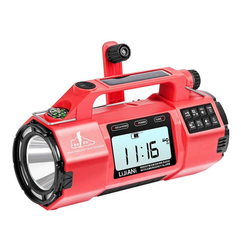 

A32T-HRD908 Multi-Function Emergency Radio With AM/FM/SW/WB Bands Large Flashlight, Large Speaker, Hand-Crank Generator