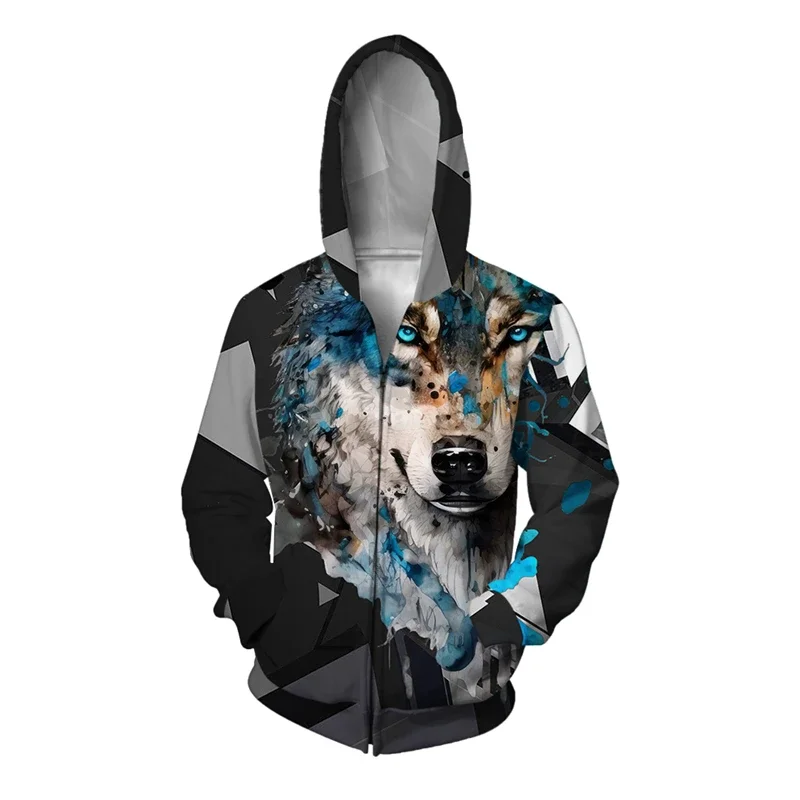 

Retro Herren-Kapuzenpullover Mit Reißverschluss Und Tier-Wolf-Muster, 3D-gedruckte Jacke, Y2K-Stil, Street-Fashion-Jacke