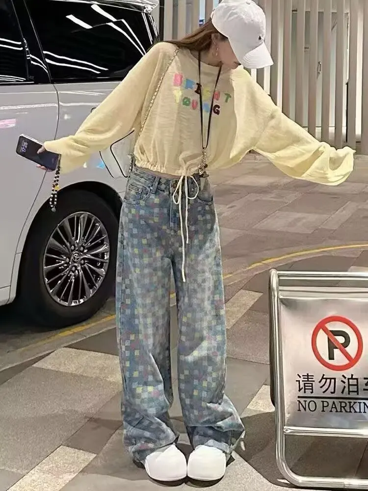 Women Vintage High Waisted Straight Jeans New Color Checkerboard Oversized Casual Wide Leg Denim Baggy Pants Y2K Female Trousers