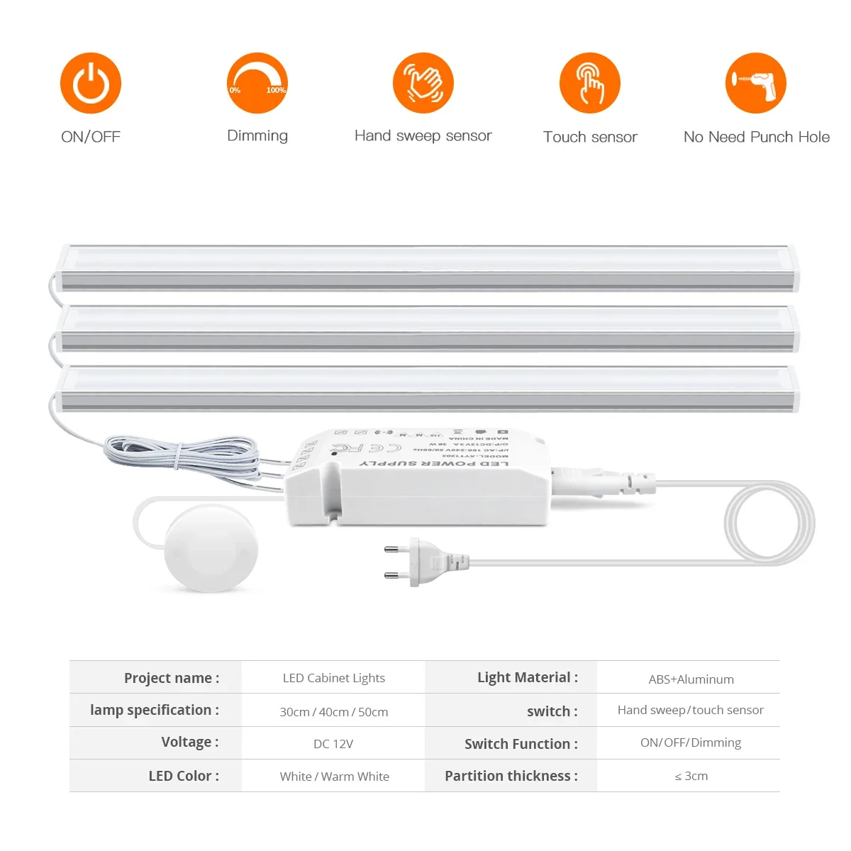 1-6PCS LED Under Cabinet Light Penetrable Wood Hand Scan Motion Sensor Touch Switch Dimmable Kitchen Lighting Aluminium Bar Lamp