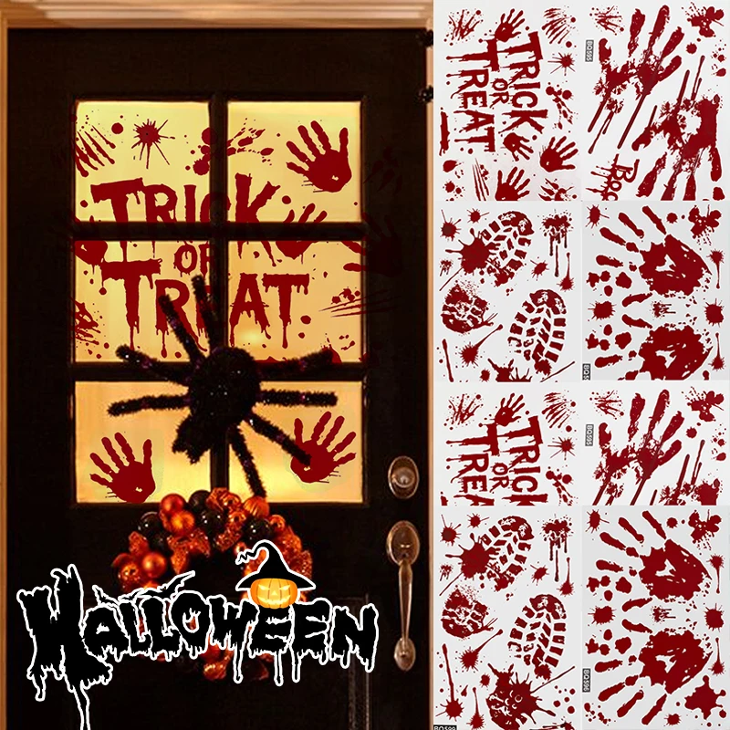 Autocollants de fenêtre de décorations d'halloween, autocollants de tatouage réalistes et effrayants, empreintes de mains sanglantes, autocollants d'horreur