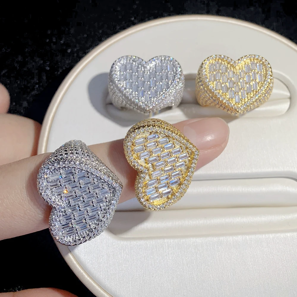 Wielkie serce w kształcie pierścieni pełna betonowa biała moda CZ Iced Out Bling plac 5A Cubic cyrkon moda kochanka biżuteria dla kobiet mężczyzn — zdjęcie 5