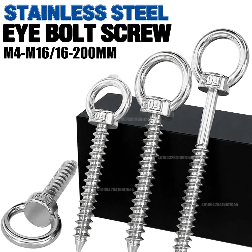 M4-M16 16-200mm Large Stainless Steel Eye Screws Heavy Duty Screw in Hook Heavy Duty Eye Bolt Self Tapping Eyelet Strong Hanging