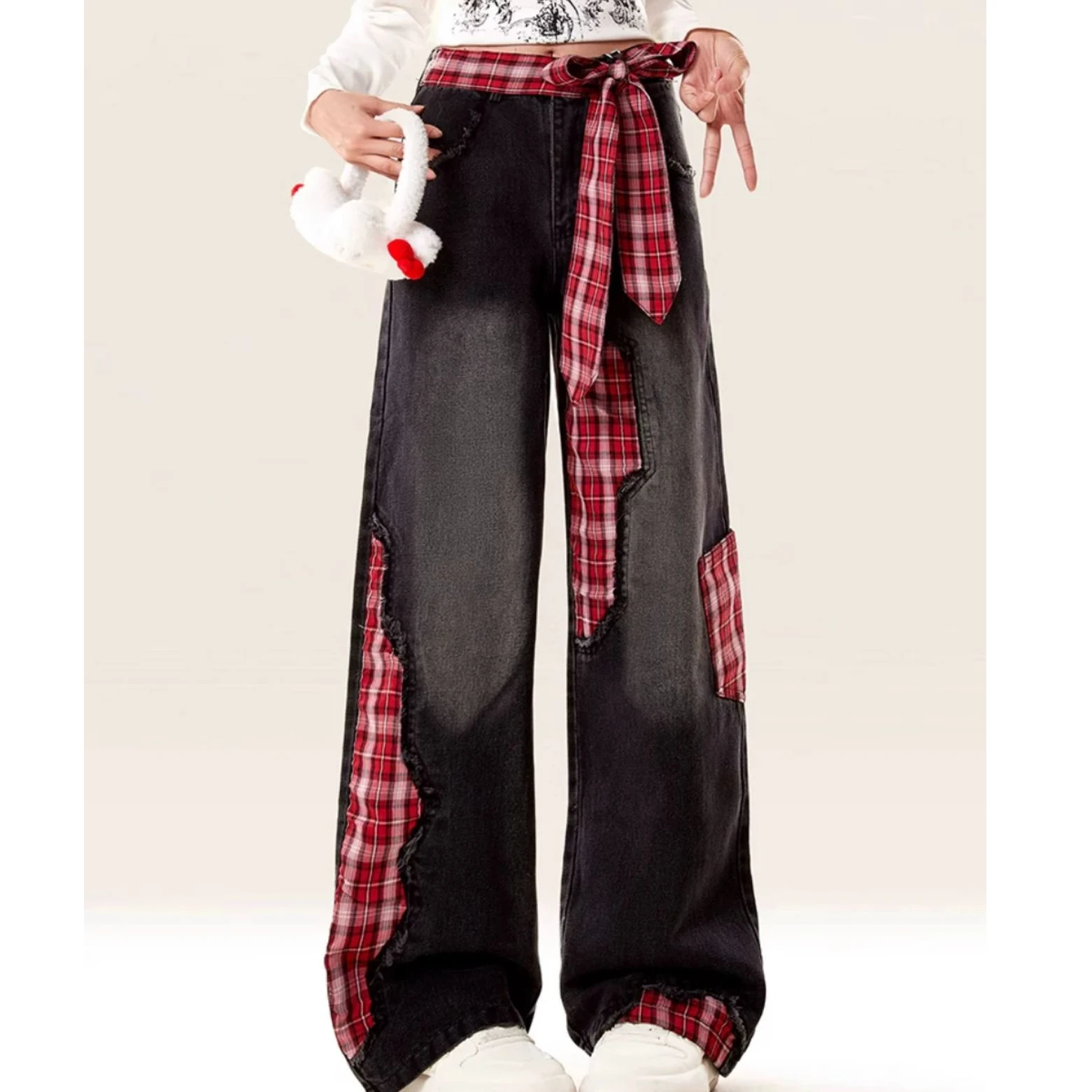 Bow Strap Splicing Jeans Women's Plaid Patch Design Loose Wide Leg Pants