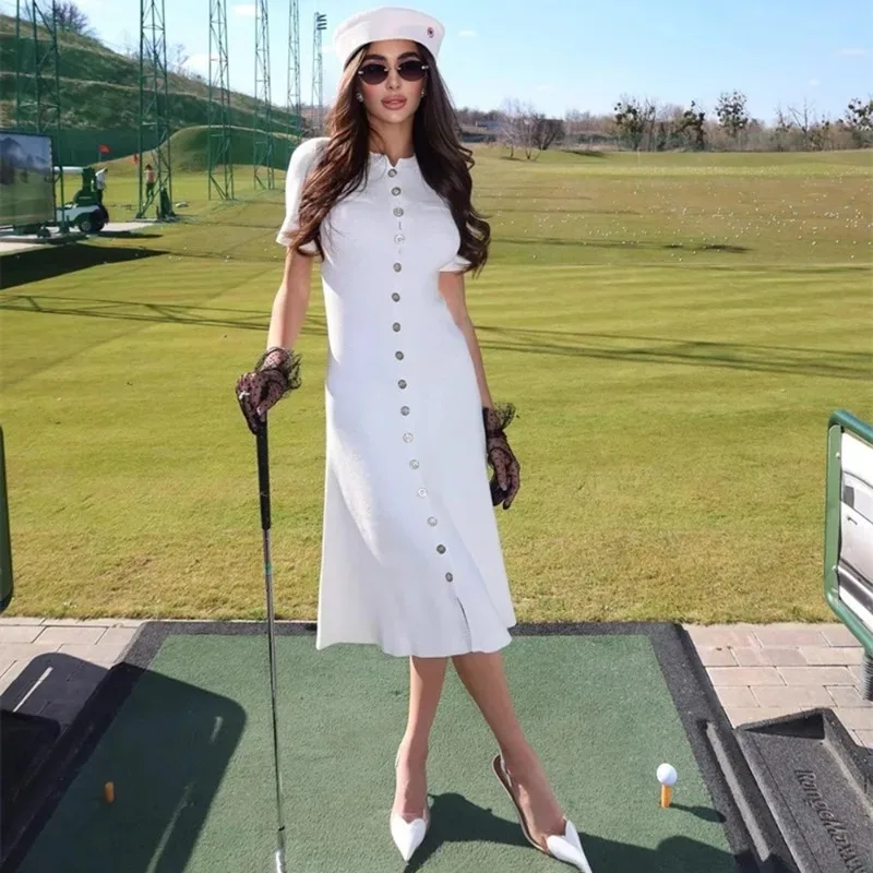 

Tuularose Women's Knitted Long Dress White Casual Ribbed Button-Front Patchwork Dress Spring Office Vacation Elegant New Dress