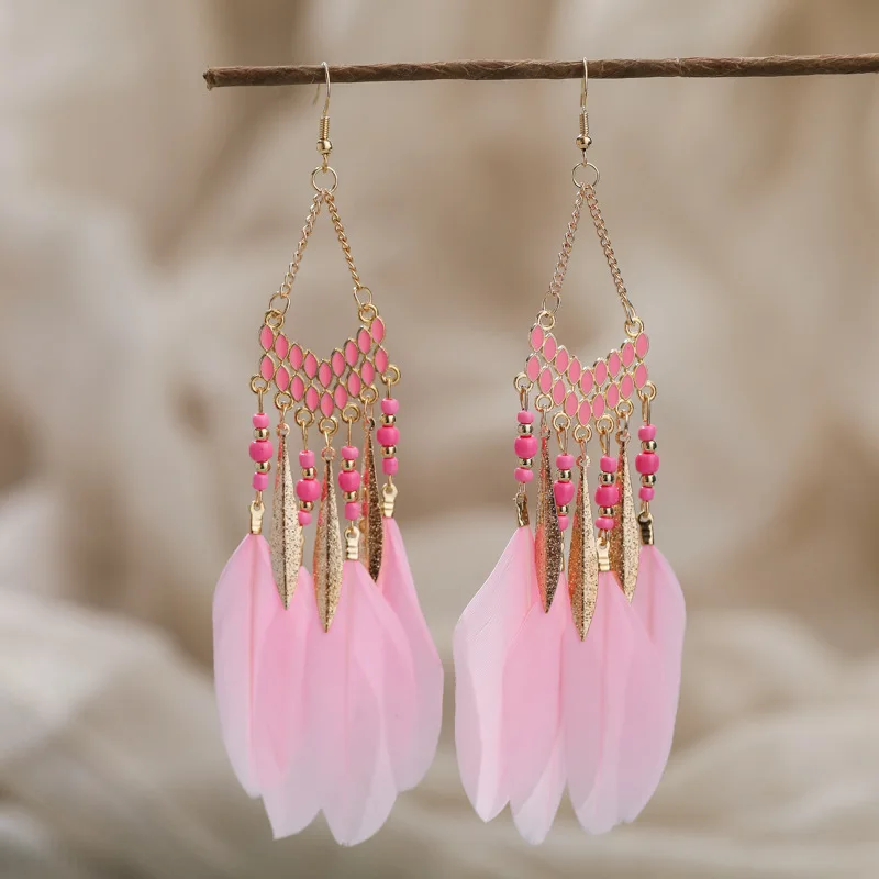 Boheemse Etnische Veren Bengelen Oorbellen Voor Vrouwen Trendy Lange Kwastjes Kleurrijke Kralen Drop Oorbellen Meisje Vrouwelijke Boho Sieraden