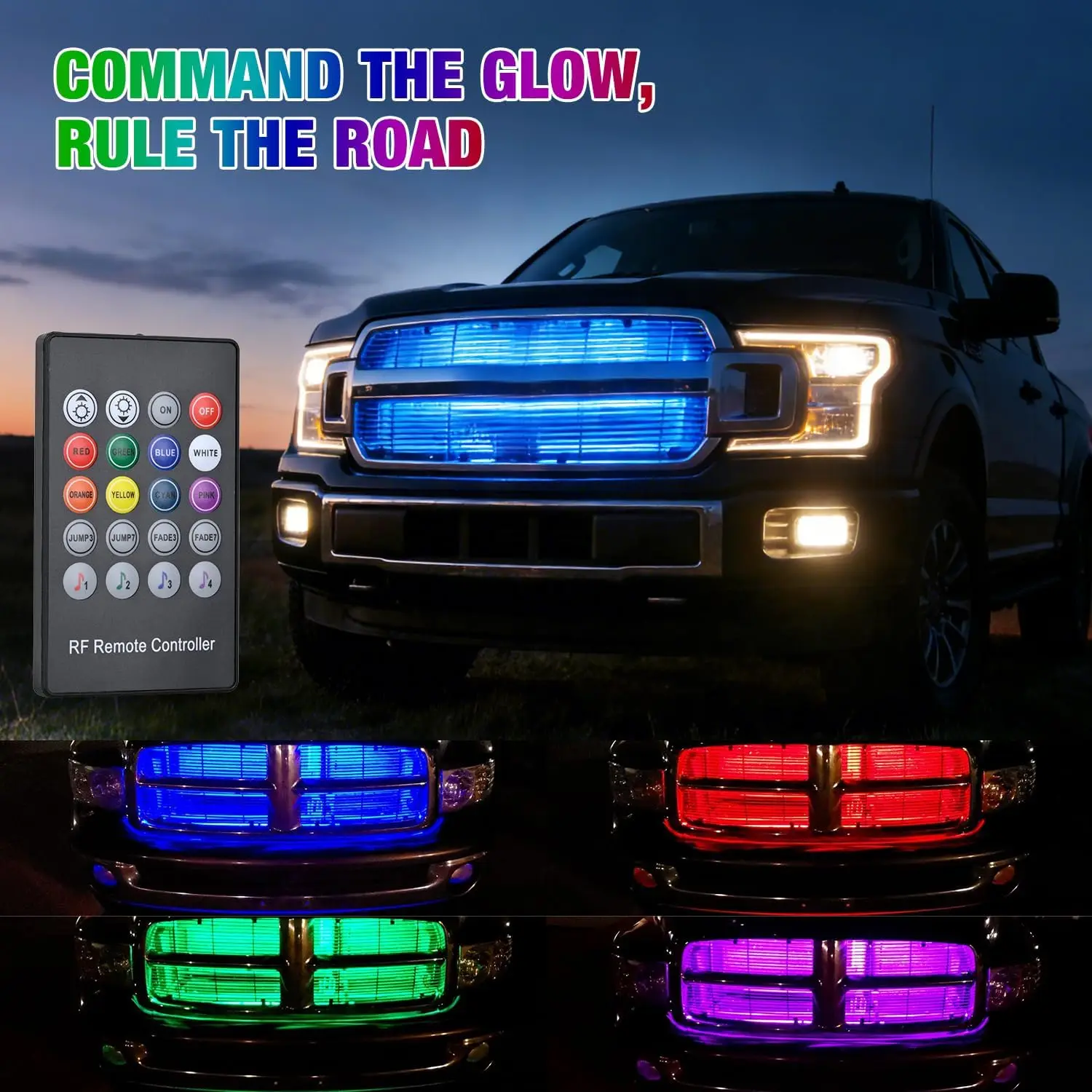 Nilight 4Pcs 12inch LED Grille Lights RGB Multicolor Exterior Lighting Kit Wireless Remote Control for Cars Van SUV Truck