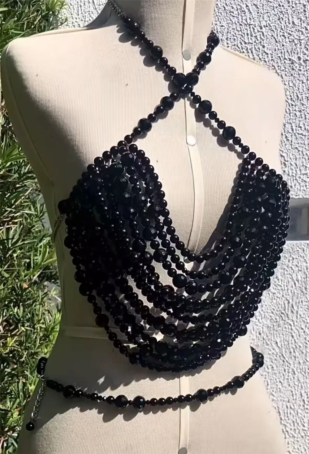 New European & American Style Black Pearl Choker Necklace Body Chain Nightclub Party Sexy Layered Lace-Up Necklace