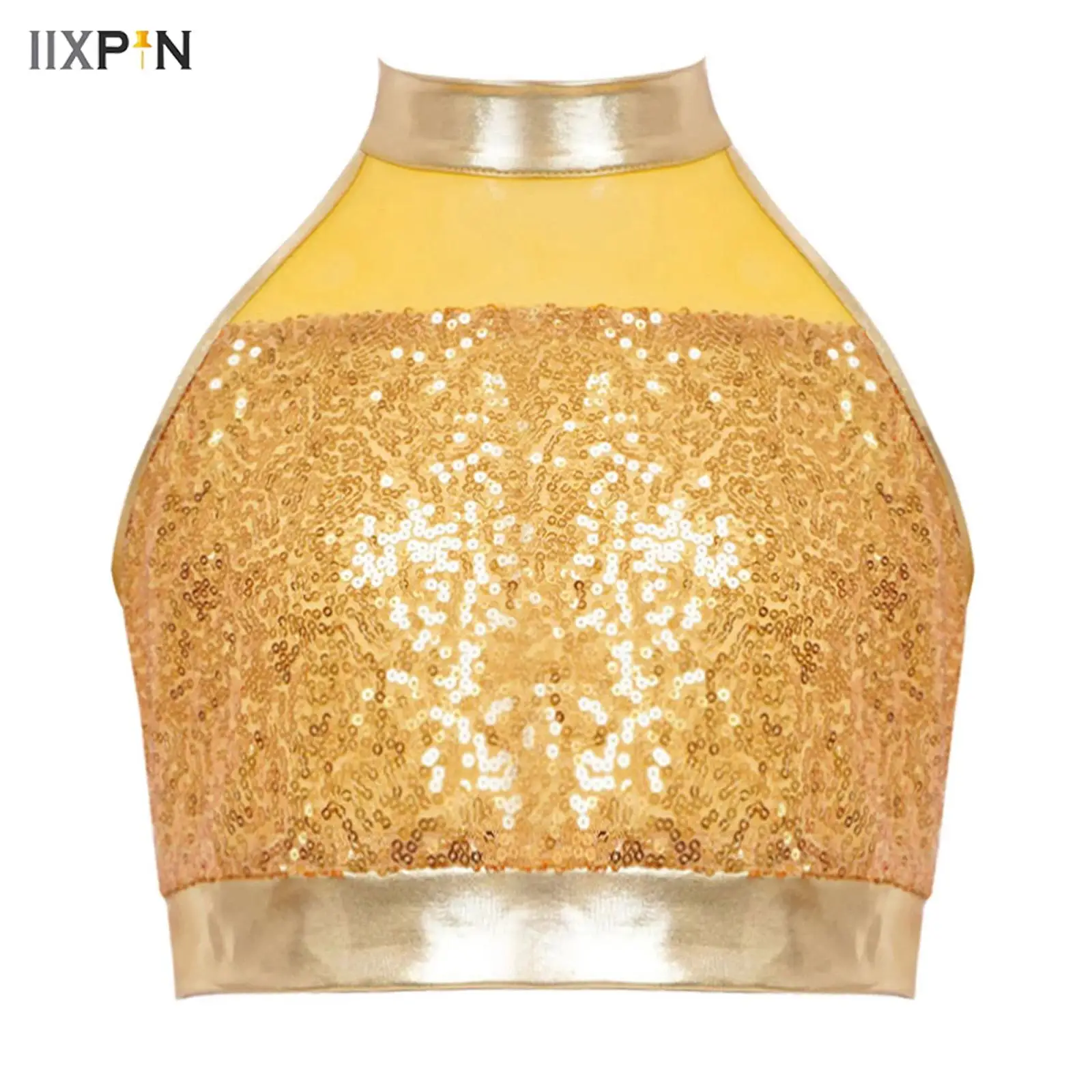 

Kids Girls Jazz Latin Dance Crop Tops Sleeveless Mock Neck Glitter Sequin Mesh Patchwork Keyhole Back Tank Top for Performance