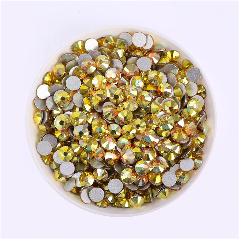 SS3-SS30 Golden Light Glass Flatback Rhinestone Shine Round Silver Bottom Glue On Stones for DIY Nail Art Clothes Decoration