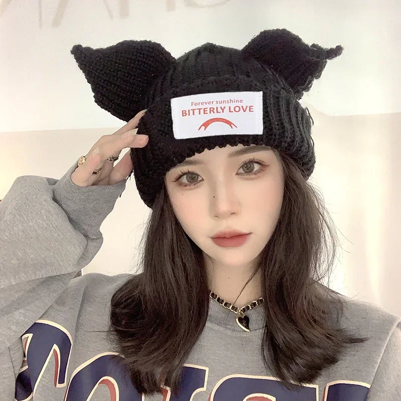 Funny Cat Ear Knitted Wool Hats Women Hip-hop Design Kpop Hooded Caps Gothic Kawaii Handmade Beanie Personality Bonnet Hat