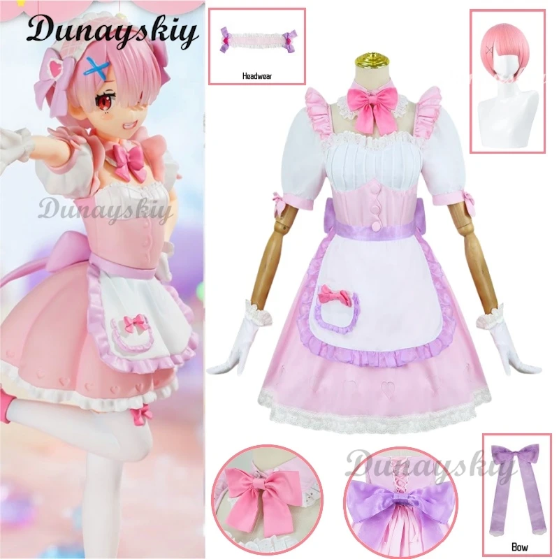 Anime Ram Rem Maid Dress Pink Lolita Cosplay Costume Wig Party Uniform Hallowen Play Role Gift Role Playing Dress