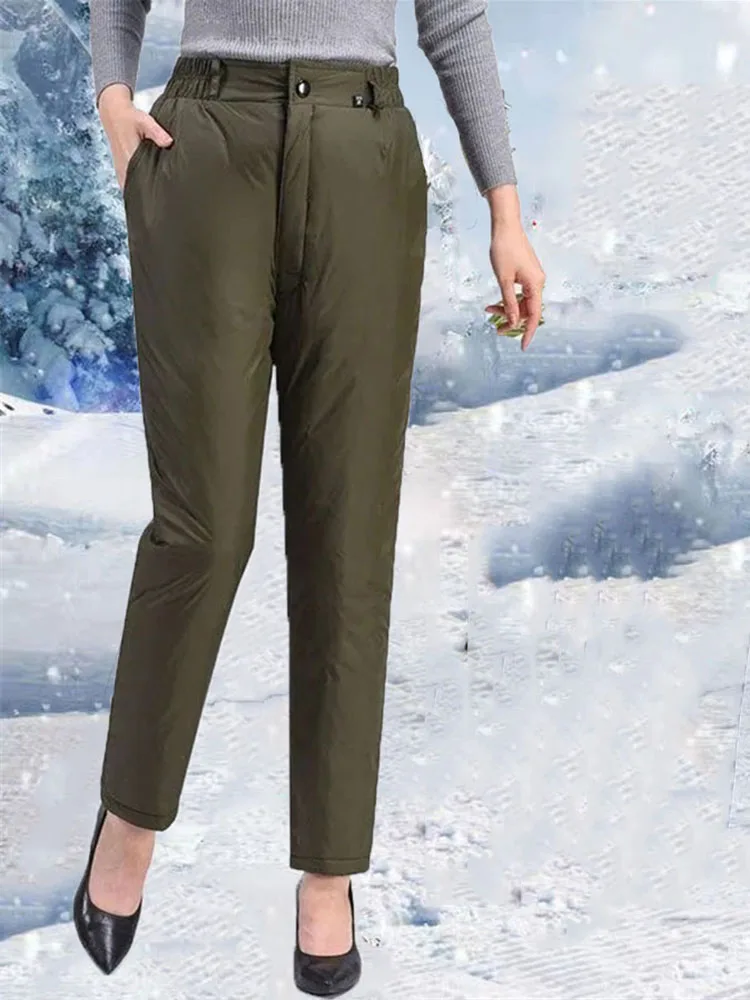 Warm High Waist Thicken Pants Duck Down Women Elegant Baggy Straight Pantalones New Big Size 6xl Winter Office Pencil Pantalon