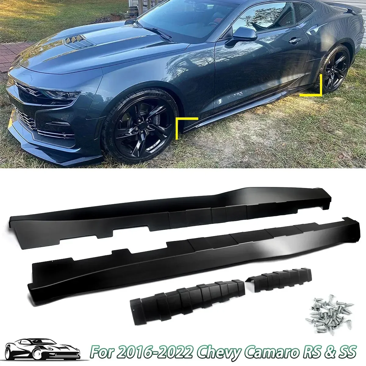 

For 2016-22 Chevy Camaro RS SS ZL1 Style Side Skirts Panel Extension Matte Black