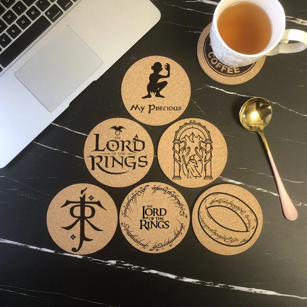 Fashion Round Cork Coaster Engraved Lord of the Rings Coffee Mug Drinks Holder for Kitchen Natural Wooden Mat Tableware