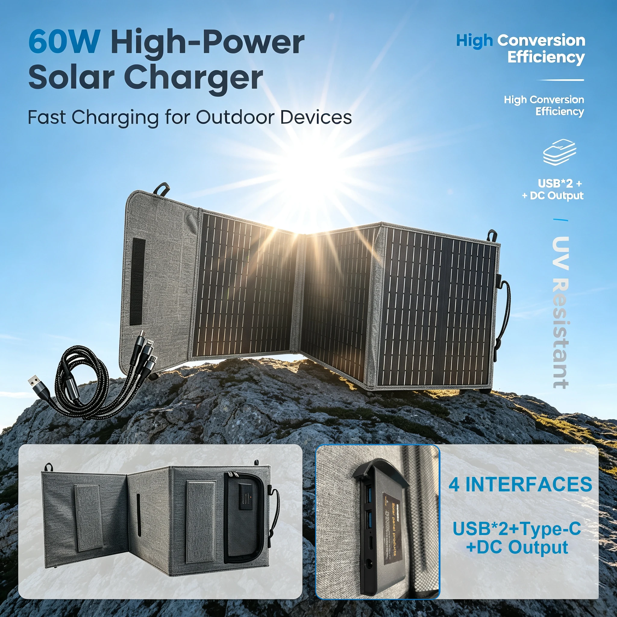 60W Portable Triple‑Fold Monocrystalline Solar Panel for Outdoor Camping RV Power Station Emergency Backup Power Supply