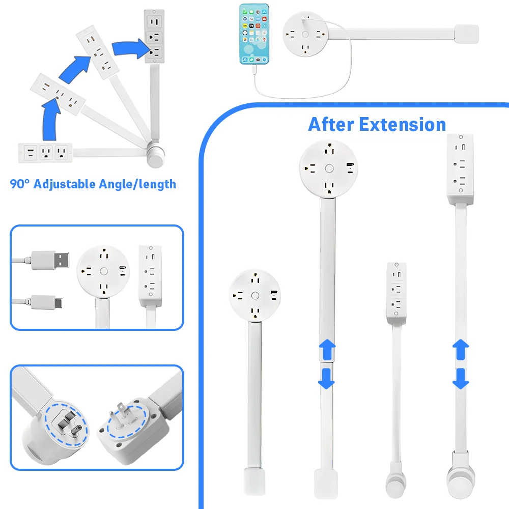 

Electrical Wall Plug Rotates Electrical Outlet Extender Adjustable Length Power Outlets Extender Power Socket for Night Stand
