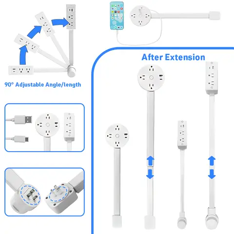 Electrical Wall Plug Rotates Electrical Outlet Extender Adjustable Length Power Outlets Extender Power Socket for Night Stand